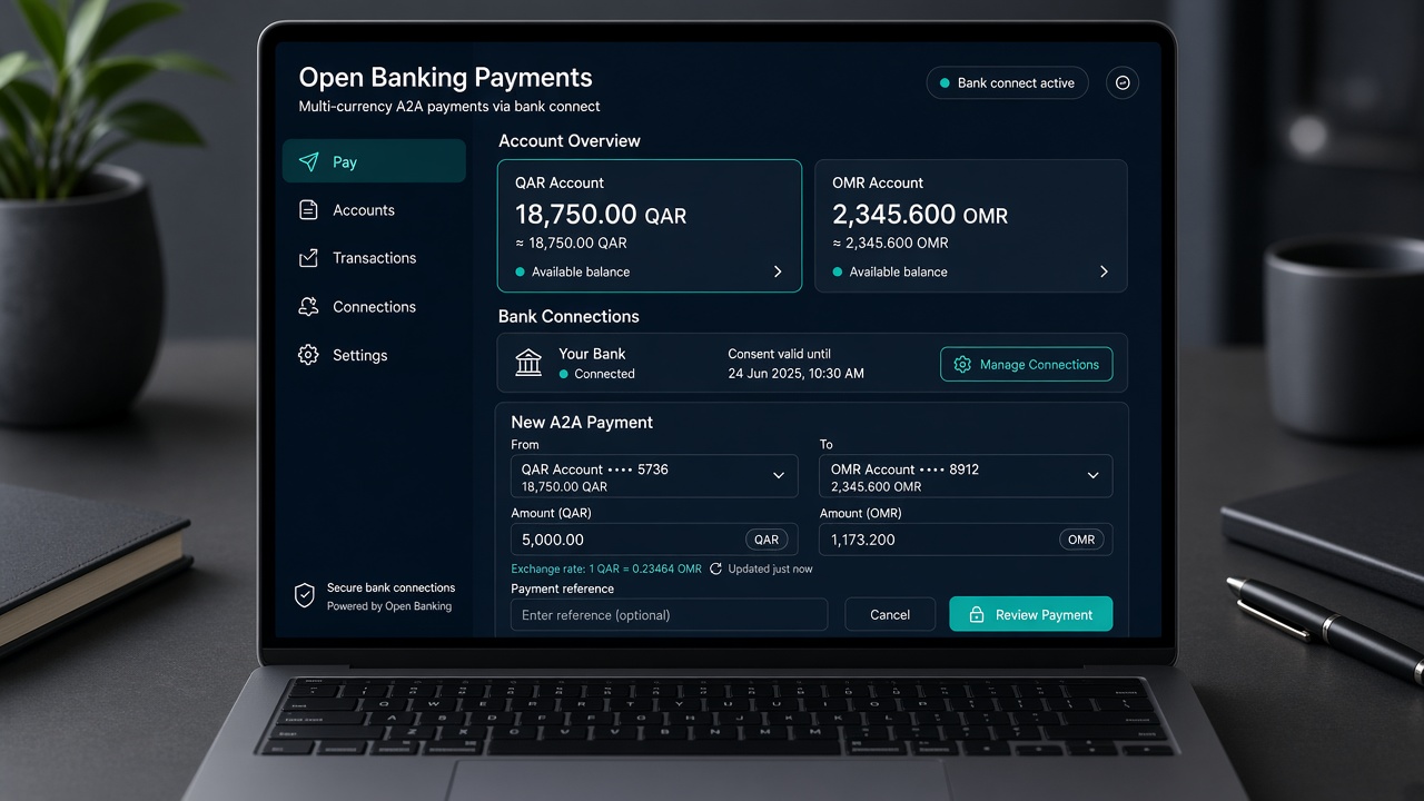 Open banking payments UI showing Qatari Riyal (QAR) and Omani Rial (OMR) balances and transfers