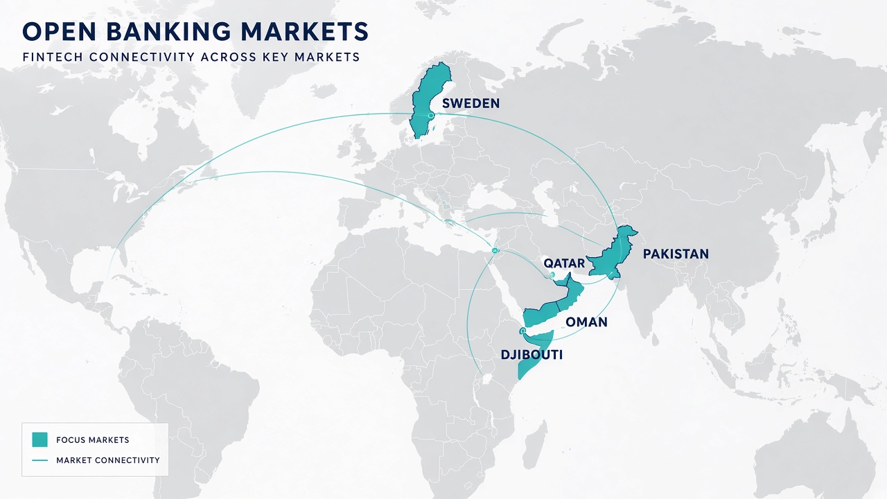 Open banking markets map covering Pakistan, Qatar, Oman, Sweden, and Djibouti